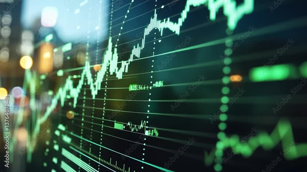 Poster abstract financial data visualization with glowing green lines and blurred city skyline in backgroun