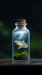 Shark in a bottle with lightning, and moss.