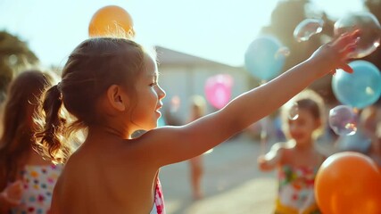 Children enjoy a joyful summer afternoon filled with bubbles and colorful balloons in a lively outdoor setting