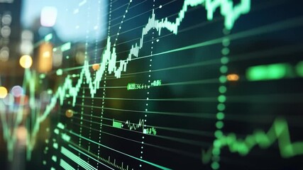 Abstract financial data visualization with glowing green lines and blurred city skyline in background representing stock market trends and investment growth - Powered by Adobe