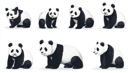 Obraz premium Set of different Panda characters. Isolated on white background. Wild animal cartoon design of panda in different pose, bamboo, sitting, sleeping. Adorable bear mascot illustration for sticker. 