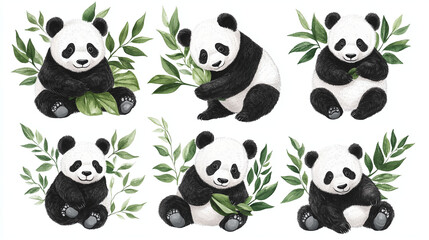 Obraz premium Set of different Panda characters. Isolated on white background. Wild animal cartoon design of panda in different pose, bamboo, sitting, sleeping. Adorable bear mascot illustration for sticker. 