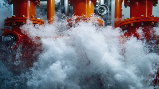 Close-up of industrial steam release safety hazards in mechanical environment