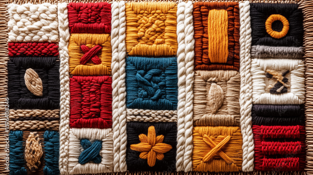Poster colorful textile art features intricate embroidery patterns in various shapes and colors. fabric tex