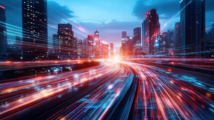 Obraz premium Futuristic aerial view of urban traffic nighttime skyline in long exposure