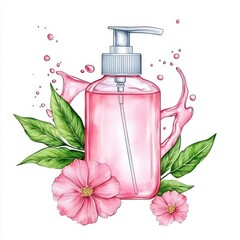 Pink Liquid Soap Bottle with Flowers and Splashing Water