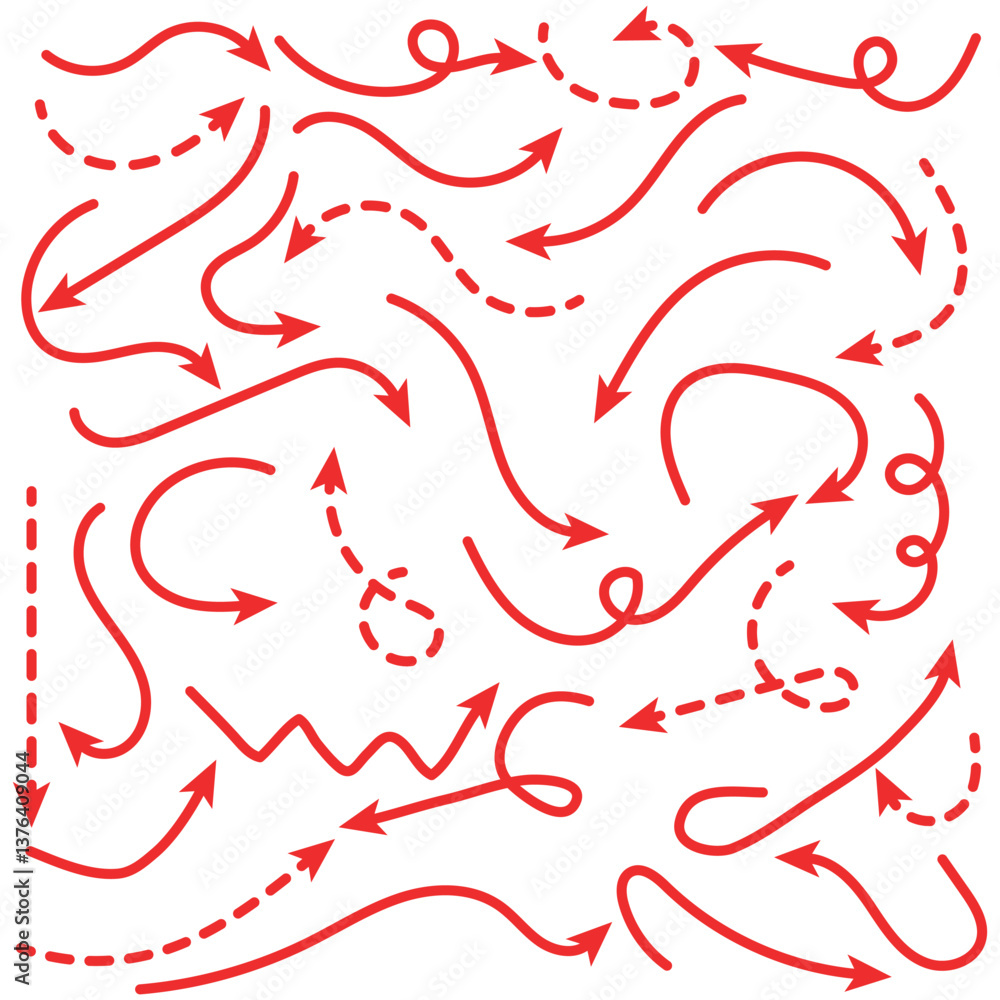 Poster curved arrows. set of vector hand drawn arrows. collection of pointers. red hand drawn doodle arrow 