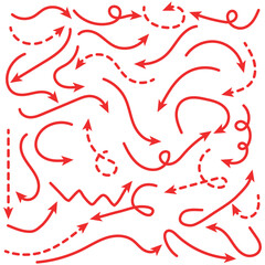 Curved arrows. Set of vector hand drawn arrows. Collection of pointers. Red hand drawn doodle arrow set. Arrows icons hand drawn vector editable set. Arrow sketch handmade doodle swipe up symbol sign.