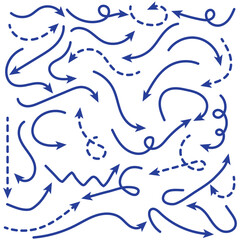 Blue hand-drawn vector arrow set. Arrow crayon brush doodle chalk line stroke. Sketch pencil texture line scribble arrow icon on a white background