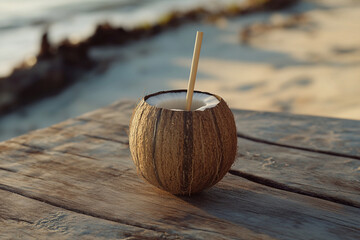 A coconut with a straw on a wooden table against a beach background. A close-up photo of a green coconut drink in a tropical island setting. 