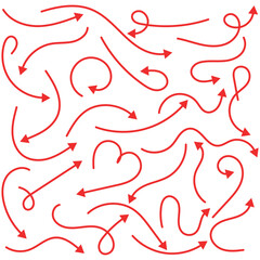  Hand drawn thin line arrows set. Arrow icon. Doodle arrow. Collection different arrows sign. Many vector curvy and wavy arrows. Red hand drawn doodle arrow set .