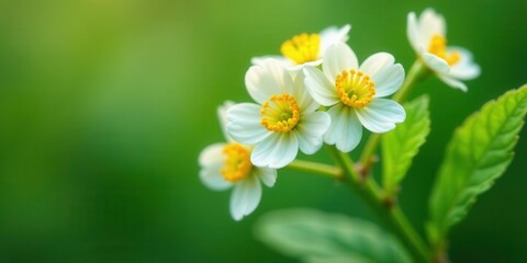 Fototapeta premium Delicate white blossoms with vibrant yellow centers, nestled amongst lush green foliage, bathed in soft sunlight, creating a tranquil and serene natural scene.