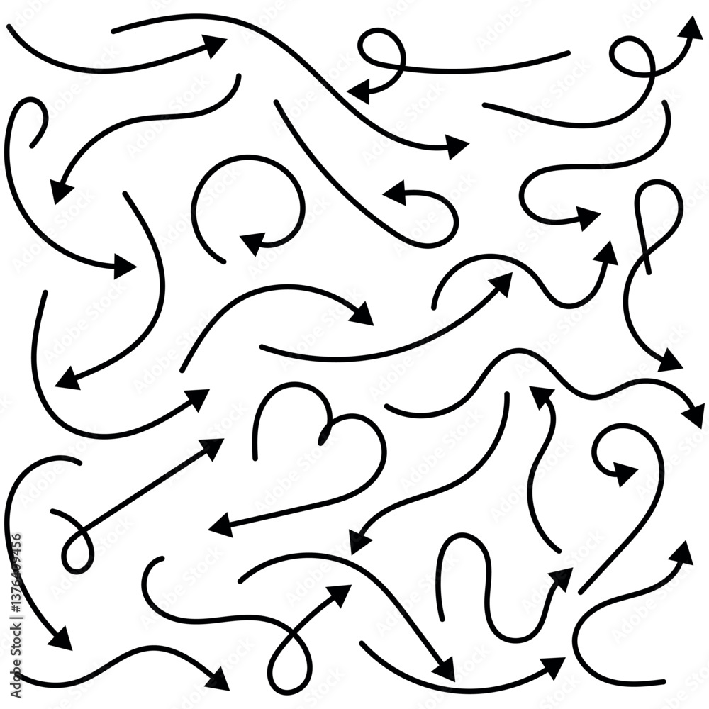 Poster set of simple lines hand drawn black arrows in various style. set of simple of hand drawn black arro