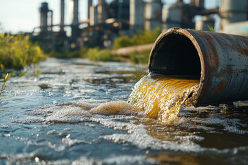 Sewage discharge from a pipe into a river. Dumping of industrial waste into a clean river. Environment and Climate changes	