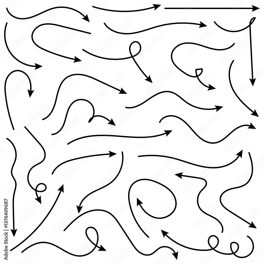 Poster set of simple lines hand drawn black arrows in various style. set of simple of hand drawn black arro