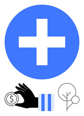 Obraz premium Large blue cross, hand with coin featuring dollar sign, minimalist tree outline. Ideal for healthcare, finance, investment, growth, sustainability donation decision-making. Flat simple metaphor