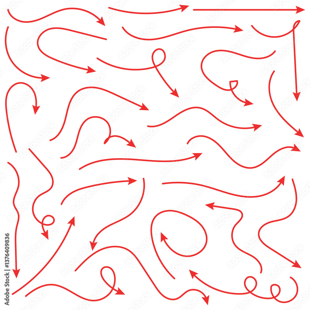 Poster hand drawn thin line arrows set. arrow icon. doodle arrow. collection different arrows sign. many ve