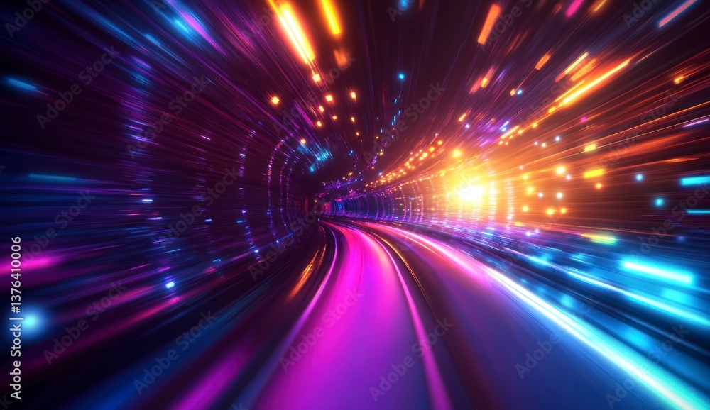 Poster fast speeding through data tunnel with bright lights and colors