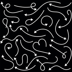  Hand drawn thin line arrows set. Arrow icon. Doodle arrow. Collection different arrows sign. Many vector curvy and wavy arrows. White hand drawn doodle arrow set .