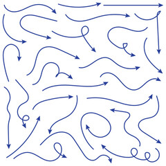 Blue hand-drawn vector arrow set. Arrow crayon brush doodle chalk line stroke. Sketch pencil texture line scribble arrow icon on a white background