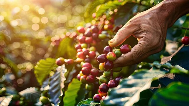 hands pick coffee beans. Selective focus