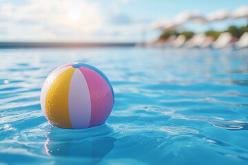 Colorful inflatable pool ball floating in turquoise water, tropical resort background. Travel and Summer Holiday Banner with copy space for text or logo