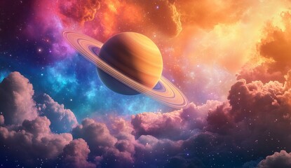 Fototapeta premium Saturn Rising Above Colorful Nebula Clouds in Space Fantasy Art