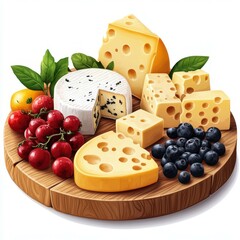 Cheese platter with assorted cheeses, fresh berries, and herbs arranged on a wooden board for a delightful snack experience