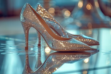 A pair of sparkly silver glitter heels with a pointed toe and delicate ankle straps, placed on a mirrored surface with soft lighting