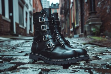 A pair of trendy combat boots in black leather with silver buckles, set in an urban alleyway with a dark, edgy vibe