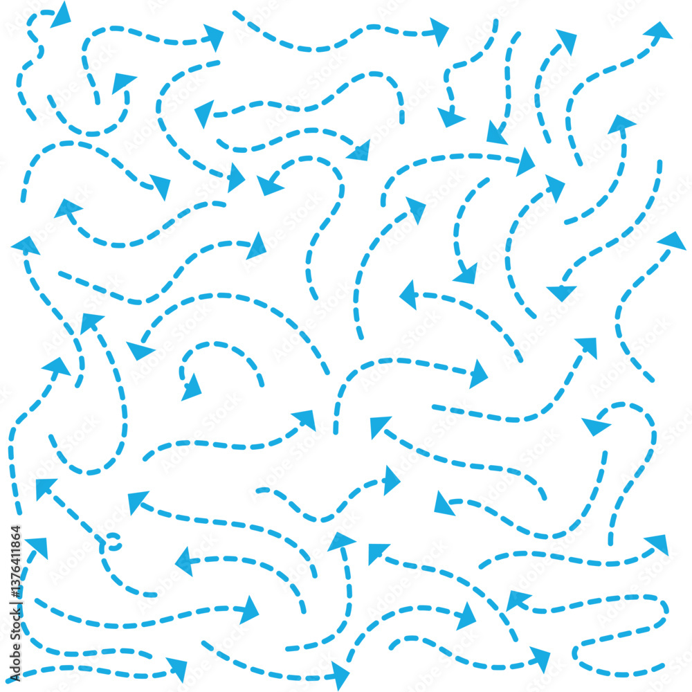 Poster set of simple lines hand drawn blue arrows in various style. set of simple of hand drawn blue arrows