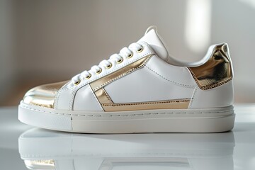 A pair of white and gold sneakers with sleek, modern lines and metallic accents, resting on a clean white surface