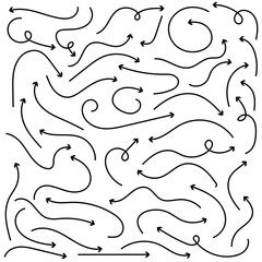  Hand drawn arrows icons vector design. Swirls arrows doodle lines icon set, Hand-drawn line arrows set. Vector curvy, wavy and straight arrows isolated on white background, Doodle style arrow vector