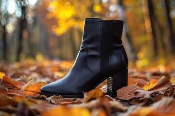 A pair of black ankle boots with a smooth leather finish and a chunky heel, set against an autumn backdrop with fallen leaves