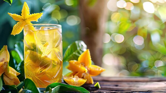 cool cocktail with carambola on the table. Selective focus