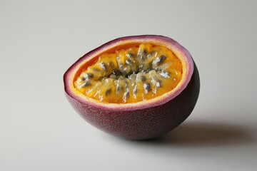 A halved purple passionfruit displaying its juicy interior on a backdrop