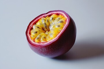 A cross section view of a vibrant passion fruit