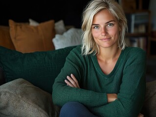 Obraz premium Smiling blonde woman with blue eyes, relaxing on a comfortable sofa, indoor portrait.