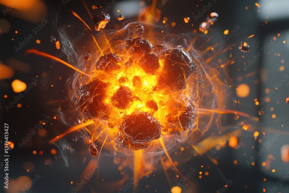Poster explosive fiery eruption displaying lava and glowing particles in a dark environment