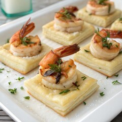 Grilled Shrimp with Thyme Garnish on Square Puff Pastry Appetizers Plate