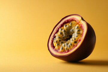 A close up photograph of a halved passion fruit is visible