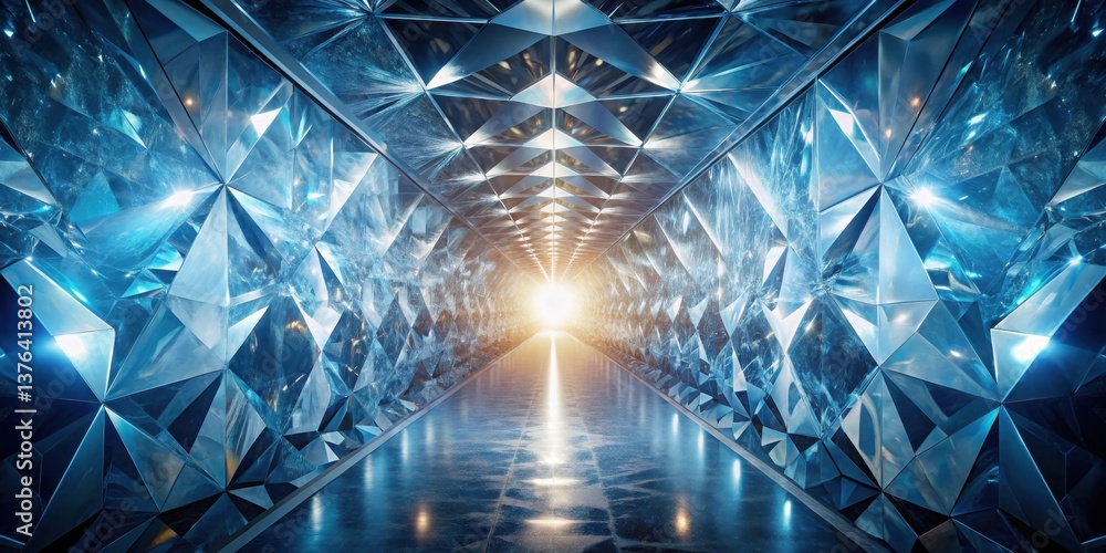 Poster a futuristic crystal corridor beckons with a luminous path ahead, sparkling with brilliant facets an