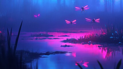 Fototapeta premium Glowing insects fly over a mystical neon colored swamp at dusk