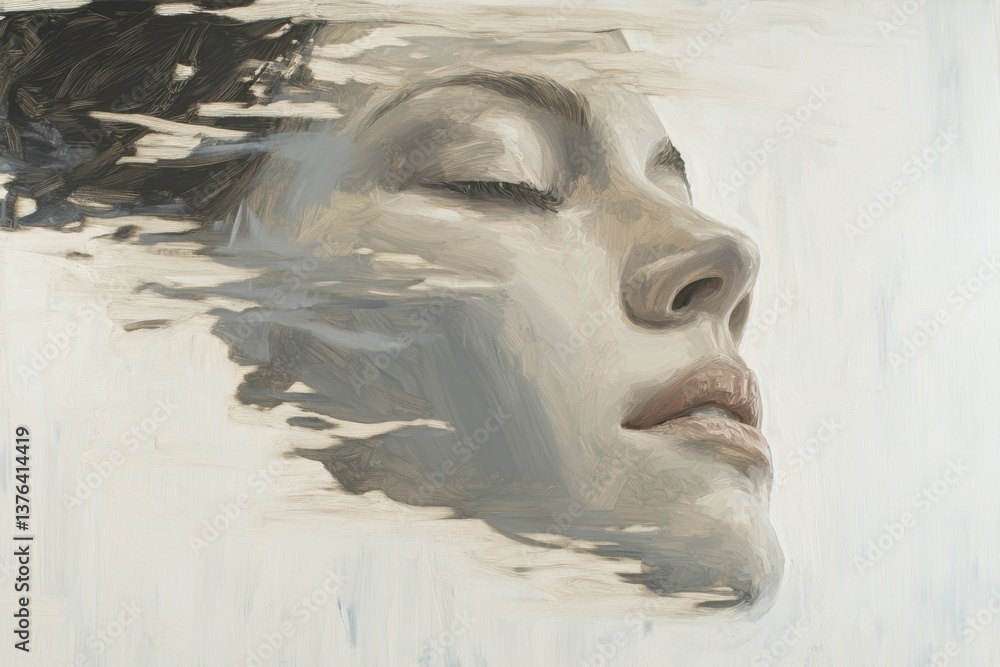 Poster ethereal portrait of a woman with a serene expression blending into an abstract background
