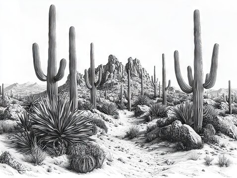 Exploring the unique desert landscape with cacti southwestern usa black and white artwork natural environment artistic view