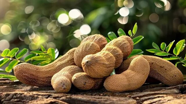 tamarind fruits on a wooden table. Selective focus