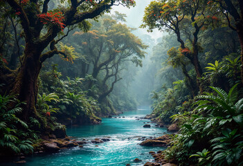 Fototapeta premium A serene river winding through a lush tropical jungle