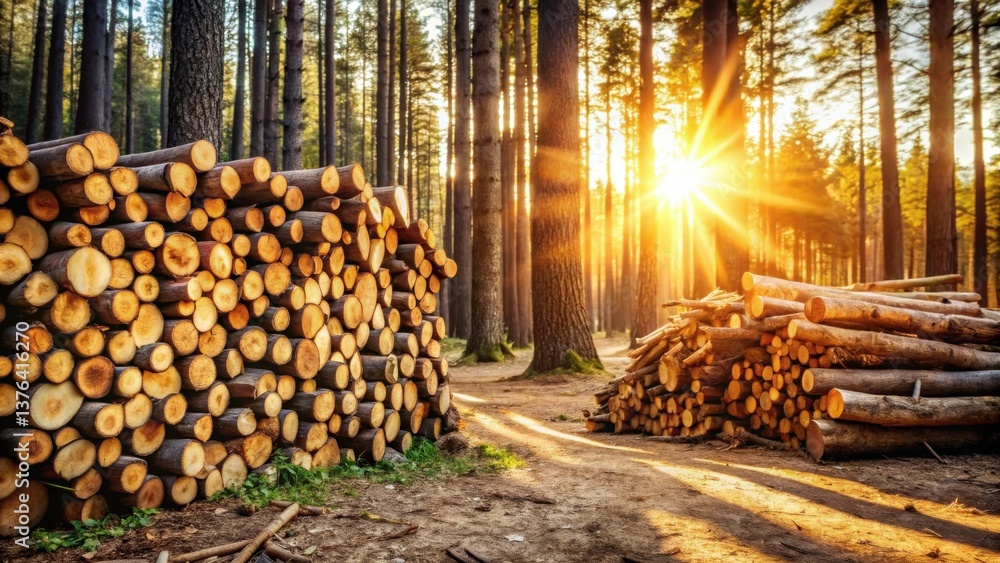 Aufkleber Golden Hour Lumber in a Sun-Drenched Forest Stacks of freshly cut logs bathed in the warm glow of the setting sun, creating a captivating scene of natural resources and forestry.