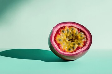 A vibrantly colored passion fruit cut in half with seeds