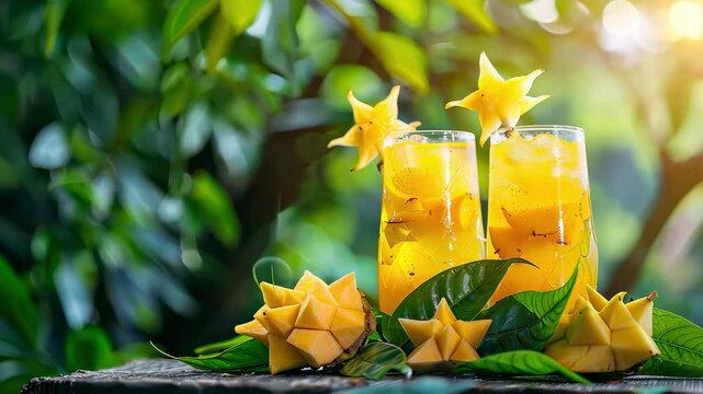 cool cocktail with carambola on the table. Selective focus